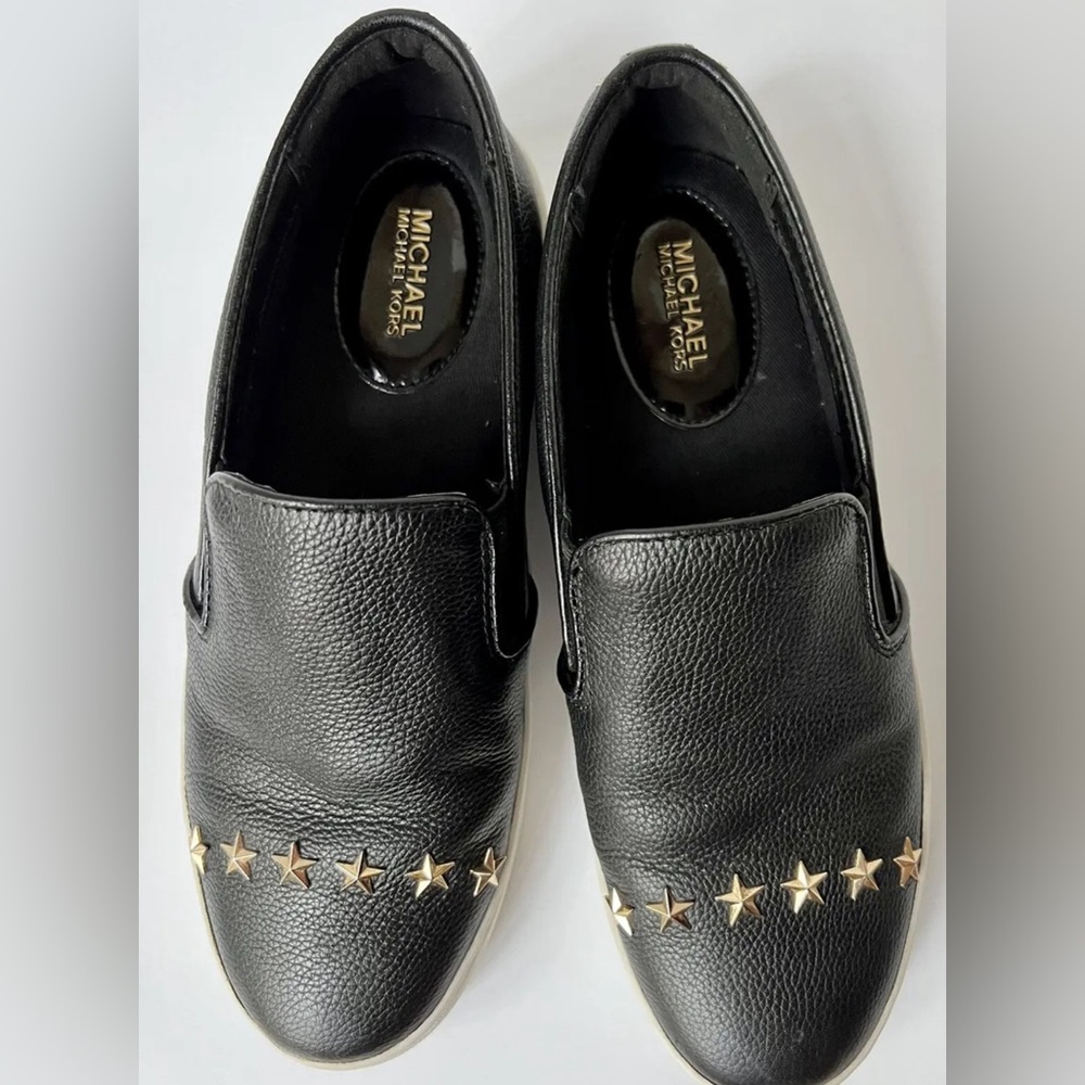 Michael Kors Women 6 Black Pebbled Leather Gold Stars Slip On Sneaker Loafer